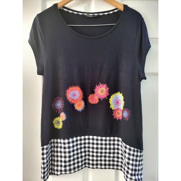 Desigual Womens black Fire works tunic top white black check border size XL boho - Picture 1 of 6